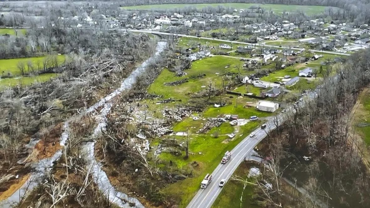 This photo provided by the Missouri State Highway Patrol and taken with a drone as it surveys the damage from a tornado that hit southeast Missouri early Wednesday. The tornado caused widespread destruction and killed and injured multiple people. (Photo: Missouri State Highway Patrol via AP)