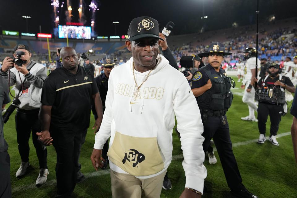 Colorado coach Deion Sanders leaves the field after last week's loss to UCLA at the Rose Bowl.