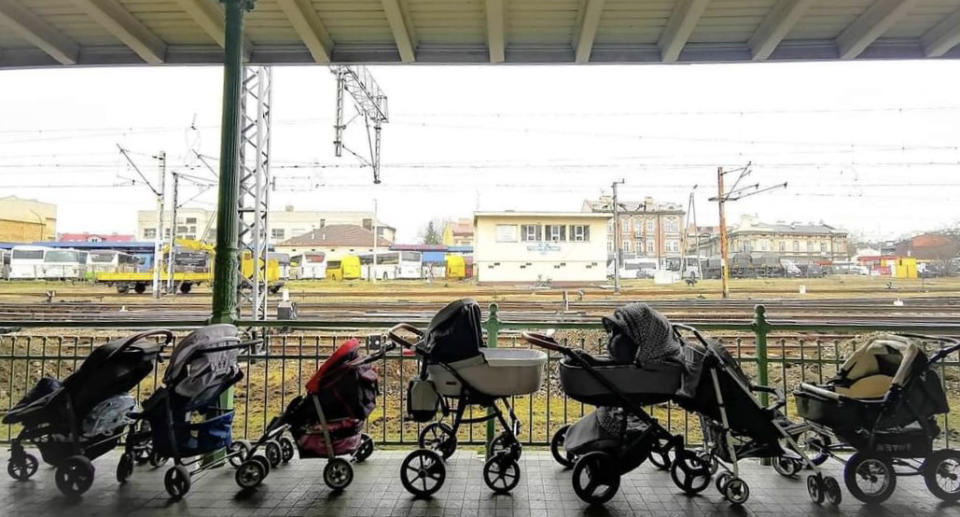 Prams left at the Polish train station for families fleeing Ukraine.