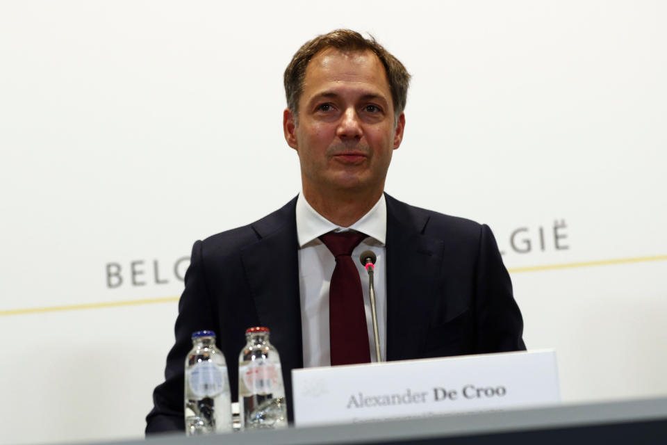 Belgium's Prime Minister Alexander De Croo talks during a news conference following a government meeting to discuss coronavirus COVID-19 national measures in Brussels, Friday, June 4, 2021. (Johanna Geron/Pool Photo via AP)