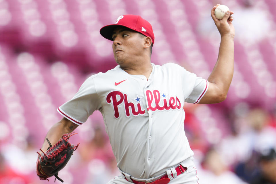 Philadelphia Phillies starting pitcher Ranger Suarez throws during the first inning of a baseball game against the Cincinnati Reds, Wednesday, Aug. 17, 2022, in Cincinnati. (AP Photo/Jeff Dean)