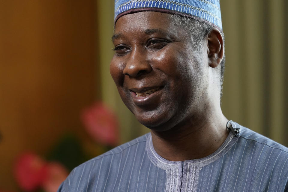 Tijjani Muhammad-Bande, the President of the United Nations General Assembly, talks during an interview, Thursday, Sept. 3, 2020 at U.N. headquarters. (AP Photo/Mark Lennihan)