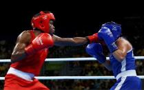 2016 Rio Olympics - Boxing - Final - Women's Fly (51kg) Final Bout 267 - Riocentro - Pavilion 6 - Rio de Janeiro, Brazil - 20/08/2016. Nicola Adams (GBR) of Britain and Sarah Ourahmoune (FRA) of France compete. REUTERS/Peter Cziborra