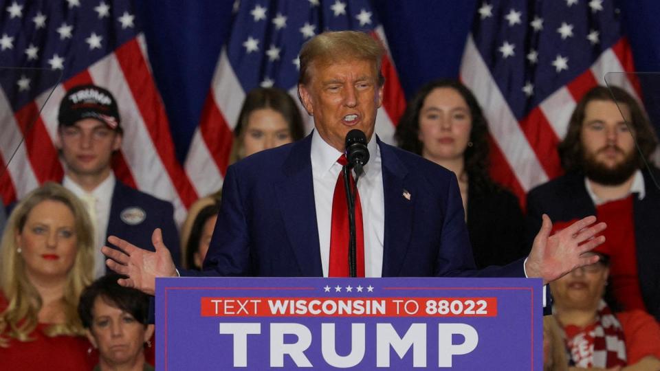 PHOTO: Republican presidential candidate and former U.S. President Donald Trump speaks during a campaign rally in Green Bay, Wis., April 2, 2024.   (Brian Snyder/Reuters, FILE)