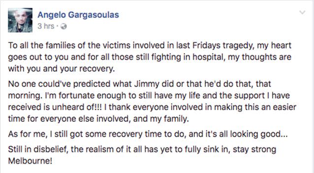 Angelo Gargasoulas penned a heartfelt note to the victim's family. Photo: Facebook