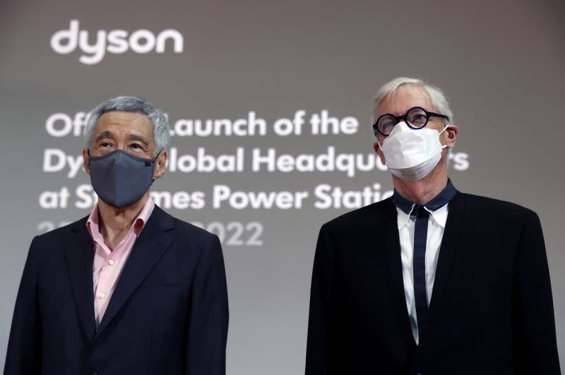 James Dyson and Singapore's Prime Minister Lee Hsien Loong attend the opening ceremony of Dyson's new global headquarters at St James Power Station in Singapore