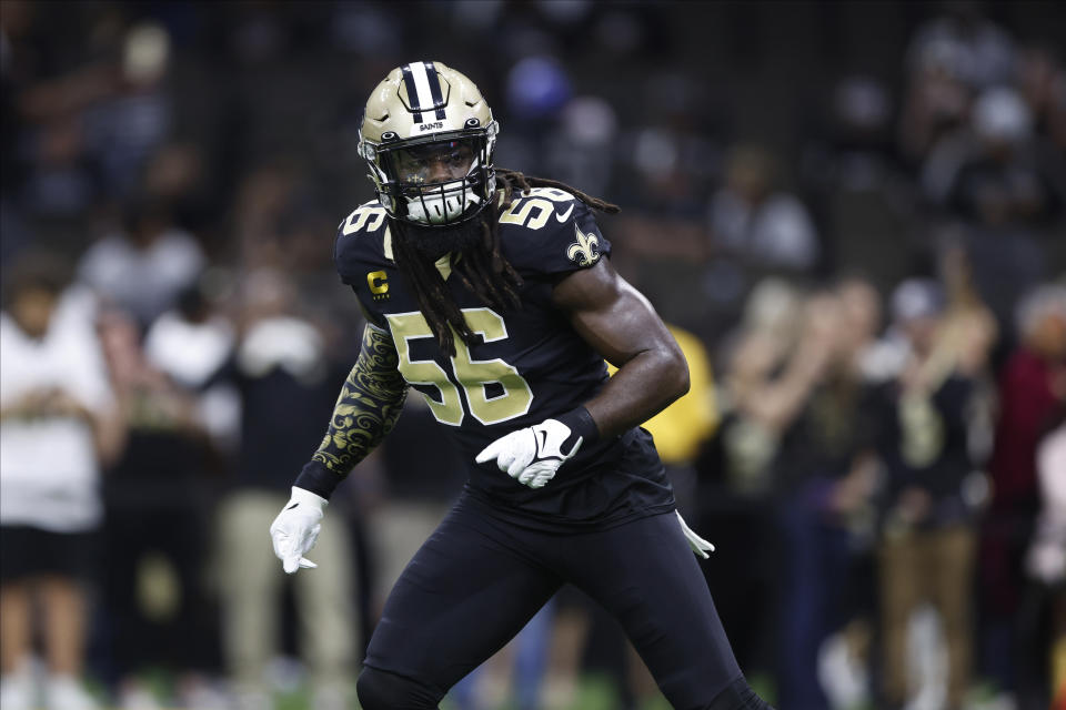 New Orleans Saints linebacker Demario Davis (56) warms up before an NFL football game against the Las Vegas Raiders Sunday, Oct. 30, 2022, in New Orleans. (AP Photo/Rusty Costanza)