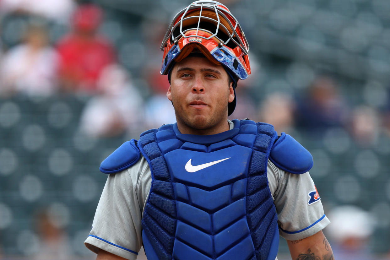 ALLENTOWN, PA - AUGUST 02: Francisco Alvarez #19 of the Syracuse Mets in action during a game against the Lehigh Valley IronPigs at Coca-Cola Park on August 2, 2022 in Allentown, Pennsylvania. Alvarez is the number one ranked prospect in the New York Mets organization. (Photo by Rich Schultz/Getty Images)