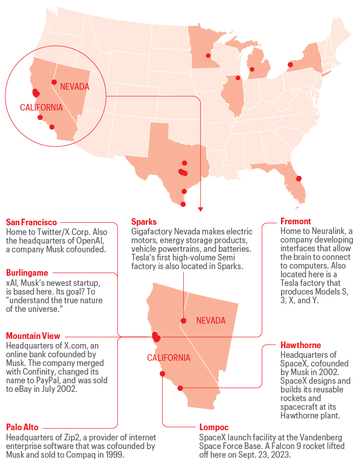 Map shows Elon Musk operation locations