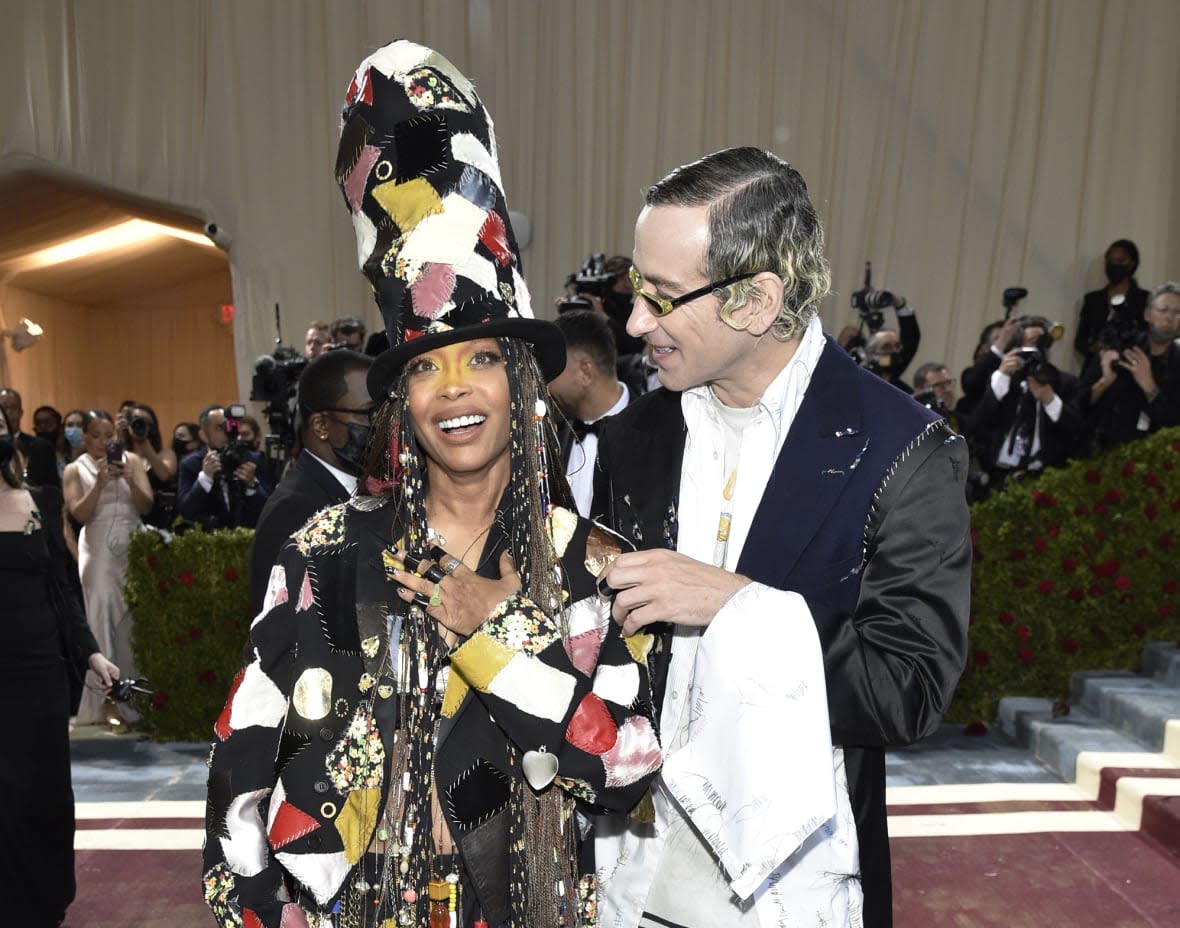 Erykah Badu, left, and Francesco Risso, designer for Marni, attend The Metropolitan Museum of Art’s Costume Institute benefit gala on May 2, 2022, in New York. (Photo by Evan Agostini/Invision/AP, File)