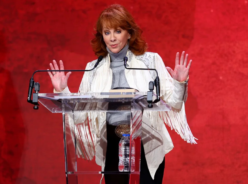 Reba McEntire speaks after being awarded the 2024 Lifetime Achievement Award during the 2024 Western Heritage Awards at the National Cowboy & Western Heritage Museum in Oklahoma City, Saturday, April 13, 2024.