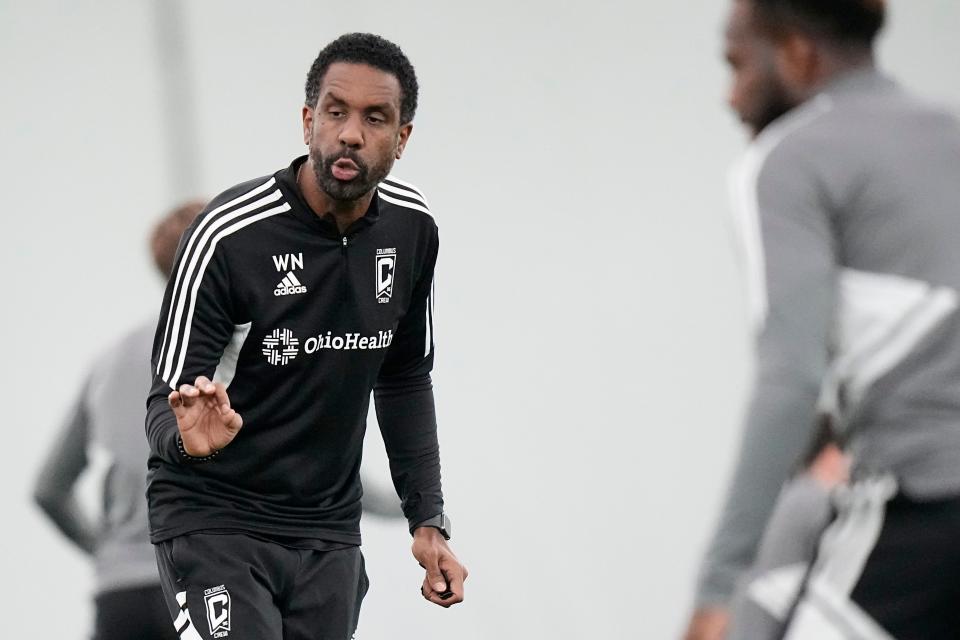 Crew head coach Wilfried Nancy guides players during a training session at the OhioHealth Performance Center.