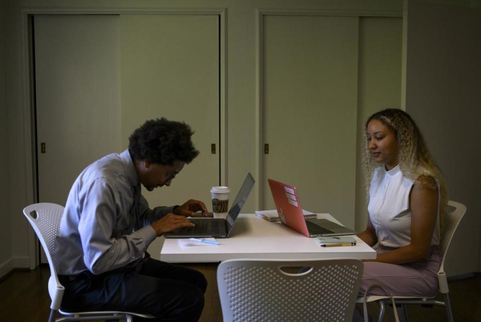 Alexander Byrd, the vice provost for the Office of Diversity, Equity and Inclusion, meets with Brandy Edmondson, a post doctoral associate, at the MultiCultural Center in Houston, Texas, US, on Tuesday, Sept. 26, 2023. In June, Gov. Greg Abbott signed a bill that prohibits diversity, equity and inclusion offices in Texas public colleges and universities starting in 2024.