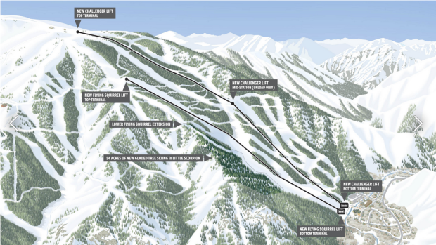 Map showing the new Flying Squirrel and Challenger lifts<p>Sun Valley Resort</p>