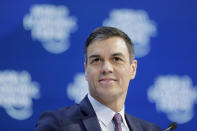 Spanish Prime Minister Pedro Sanchez delivers a speech at the World Economic Forum in Davos, Switzerland, Wednesday, Jan. 22, 2020. The 50th annual meeting of the forum is taking place in Davos from Jan. 21 until Jan. 24, 2020. (AP Photo/Markus Schreiber)