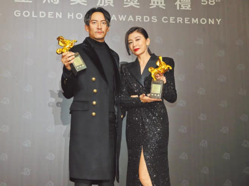 Chang Chen and actress Alyssa Chia with their Golden Horse awards, the latter won for Best Actress