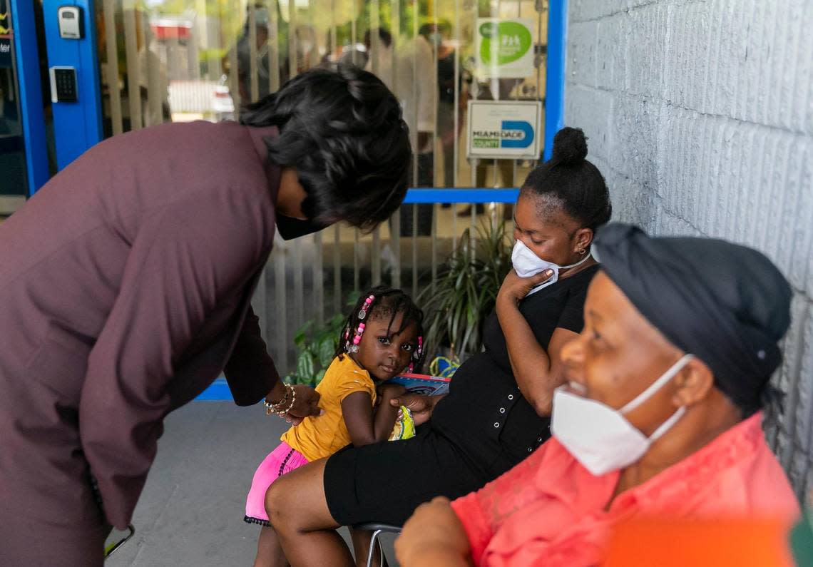 U.S. Rep. Val Demings, D-Fla., greets clients as she campaigns at Sant La Neighborhood Center on Monday, Aug. 1, 2022, in North Miami, Fla. Demings is running against U.S. Sen. Marco Rubio.