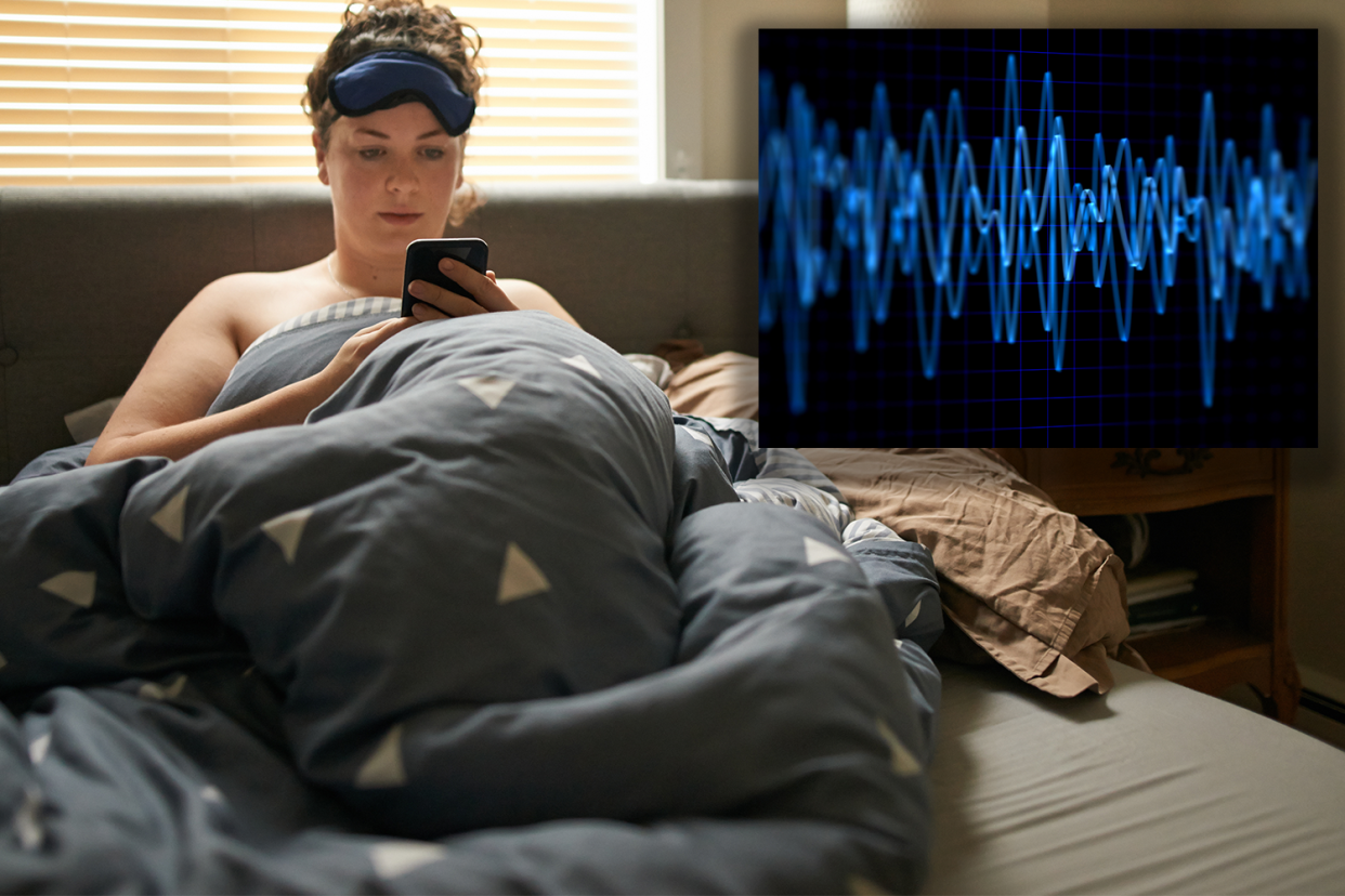 A woman sitting on her bed looking at her phone (background). A sound wave depicting snoring (inset).