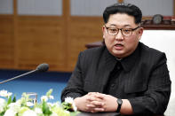 <p>North Koraen Leader Kim Jong Un speaks during the Inter-Korean Summit at the Peace House on April 27, 2018 in Panmunjom, South Korea. (Photo: Korea Summit Press Pool/Getty Images) </p>
