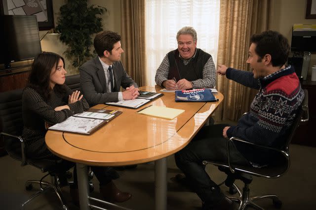 <p>Colleen Hayes/NBCU Photo Bank/NBCUniversal via Getty</p> Aubrey Plaza, Adam Scott, Jim O'Heir, Paul Rudd on season 7 of 'Parks and Recreation'