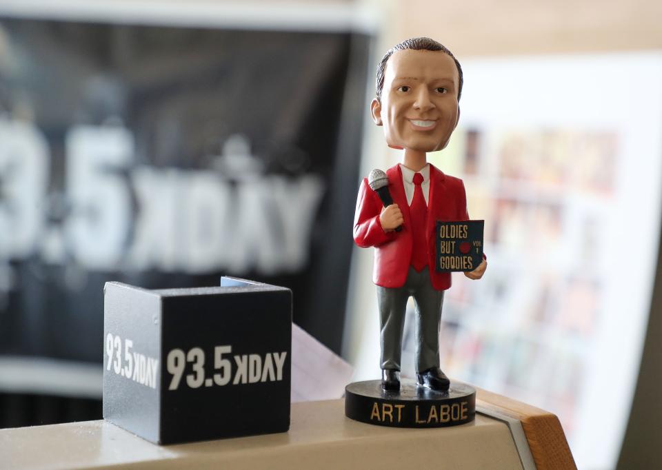 An Art Laboe bobblehead sits atop his former desk in the Palm Springs radio studio where he hosted "The Art Laboe Connection."