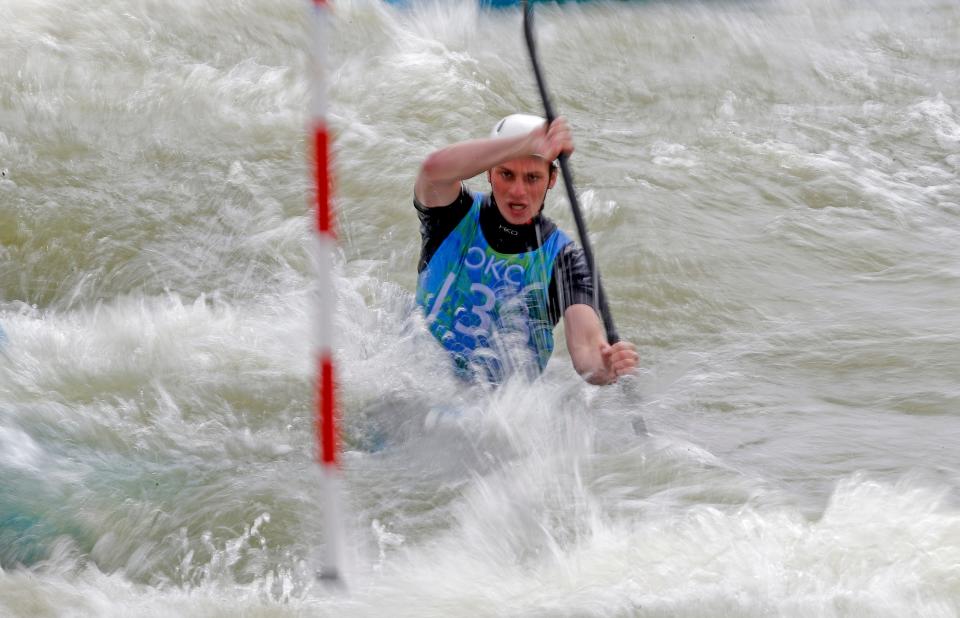 Joshua Joseph competes during the 2022 Pan American Canoe Slalom Championships at the RIVERSPORT Rapids in Oklahoma City.