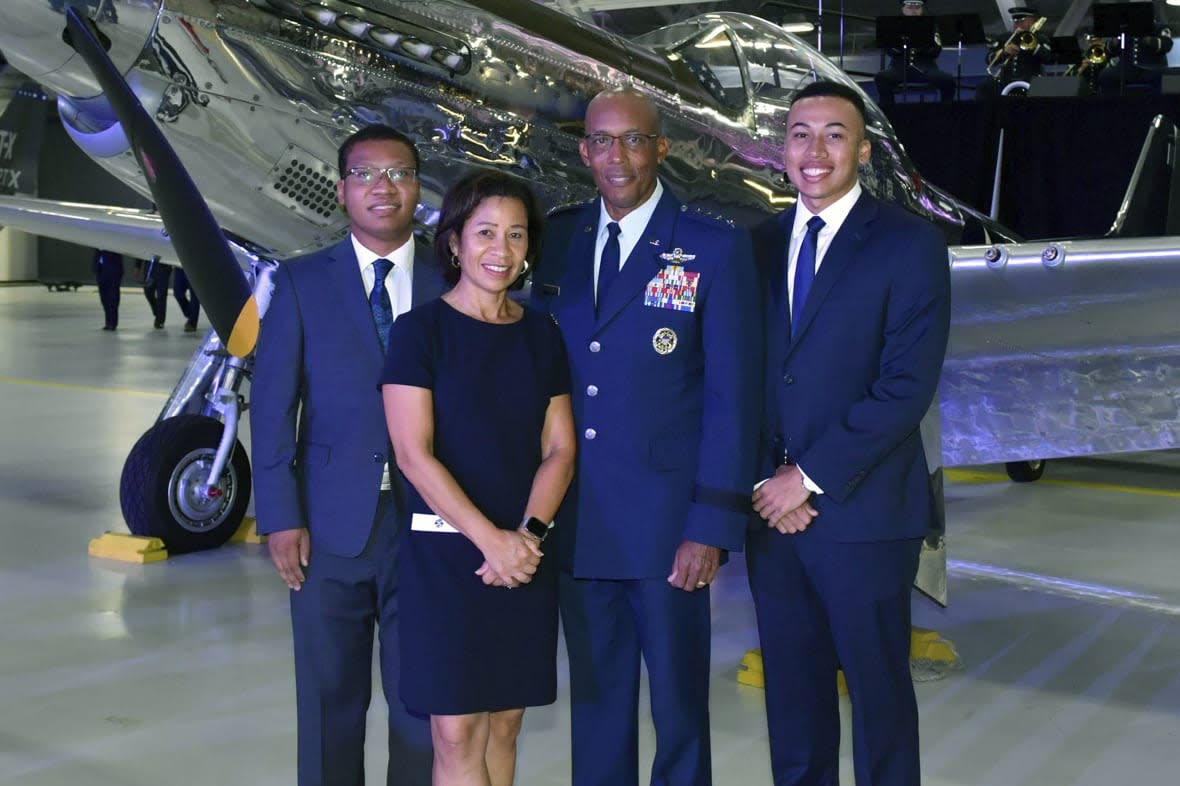In this image provided by U.S. Air Force, Air Force Chief of Staff Gen. CQ Brown, Jr., his wife Sharene Brown, and sons, Sean and Ross, pose for a photo during the CSAF Transfer of Responsibility ceremony at Joint Base Andrews, Md., on Aug. 6, 2020. (U.S. Air Force via AP)