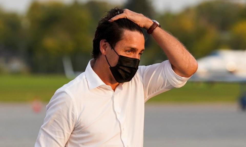 Justin Trudeau after getting off his plane on the last campaign day before the election, in Winnipeg, Manitoba, Canada.