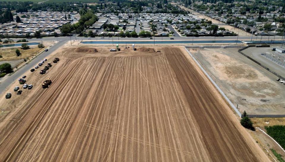 Ground preparation has started on a housing development in East Modesto, Calif., Thursday, July 25, 2024. The property is east of Claus Road and north of Briggsmore Avenue, next to the Modesto Amtrak station.