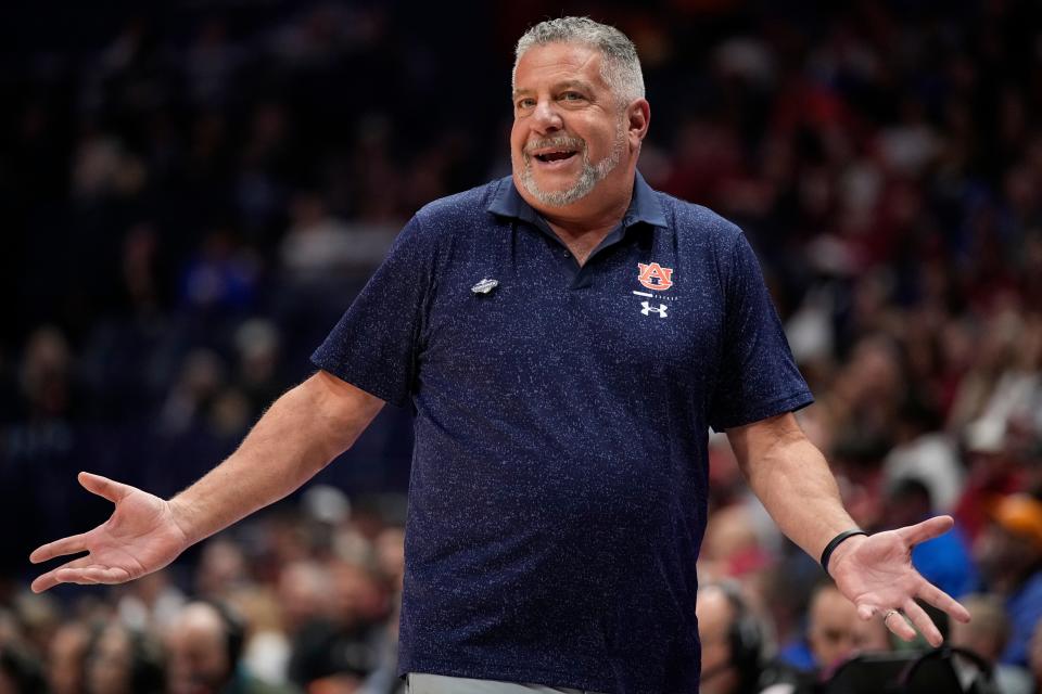 Auburn head coach Bruce Pearl reacts on the sideline during the first half of a second round SEC Men’s Basketball Tournament game against Arkansas at Bridgestone Arena Thursday, March 9, 2023, in Nashville, Tenn.