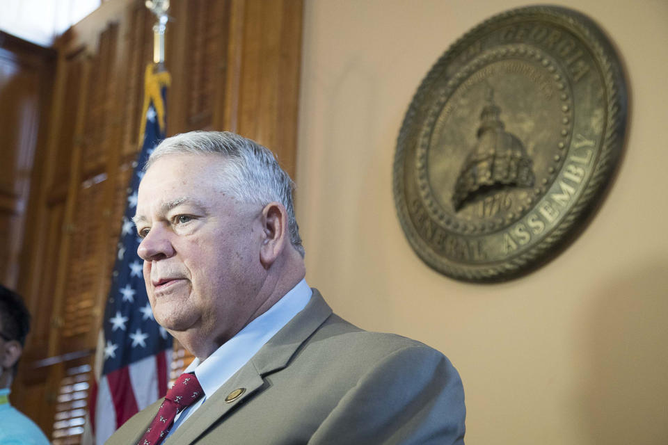 Georgia Speaker of the House David Ralston, R - Blue Ridge, speaks to media following the 29th day of the Georgia Legislative session, Friday, March 13, 2020. Out of caution and in relation to the coronavirus, the Georgia General General Assembly suspended the legislative session until further notice. (Alyssa Pointer/Atlanta Journal-Constitution via AP)