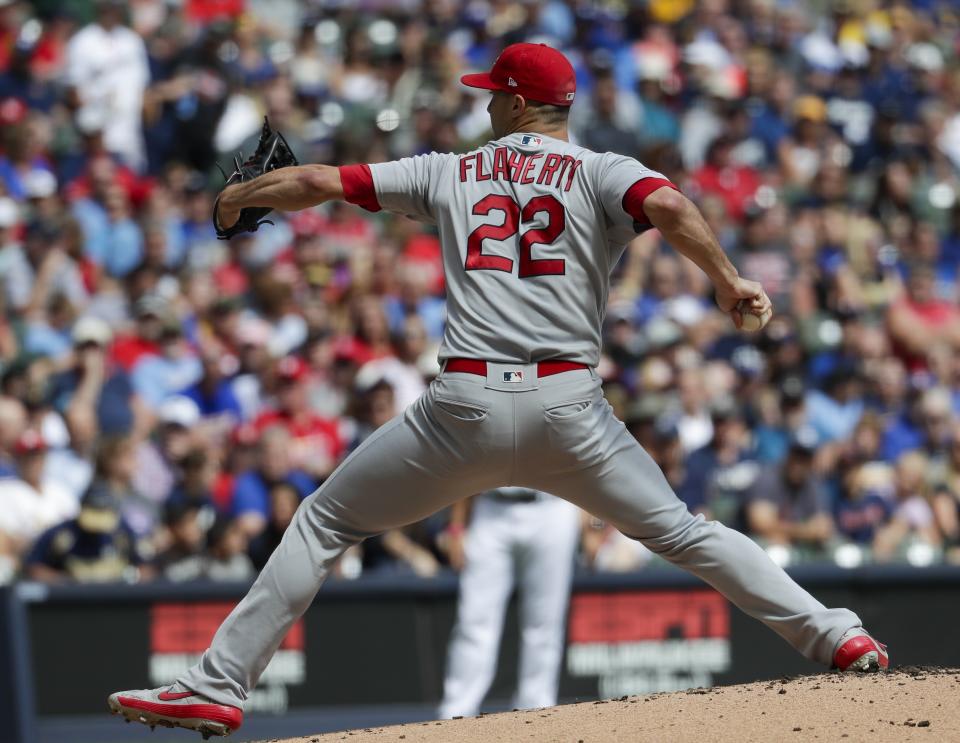 St. Louis Cardinals starting pitcher Jack Flaherty throws during the first inning of a baseball game against the Milwaukee Brewers Wednesday, Aug. 28, 2019, in Milwaukee. (AP Photo/Morry Gash)