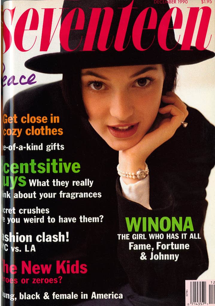 <b>Winona Ryder, 1990</b> In the early '90s, long before she was in "Black Swan," Winona Ryder was already a huge movie star thanks to "Heathers" (the original "Mean Girls"), "Beetlejuice," and "Edward Scissorhands," which starred her fiance at the time, the ultra-hot Johnny Depp! <i>Seventeen</i> just had to ask Winona when she and Johnny were going to tie the knot. "You know, getting engaged just means that we're committed to each other," she said. "It's nobody's business when we're getting married." Three years later they were done, and Johnny was stuck with a "Winona Forever" tattoo. <a href="http://www.seventeen.com/entertainment/features/hot-sci-fi-guys?link=rel&dom=yah_omg&src=syn&con=art&mag=svn " rel="nofollow noopener" target="_blank" data-ylk="slk:Fall's Hottest Big-Screen Superheroes;elm:context_link;itc:0;sec:content-canvas" class="link ">Fall's Hottest Big-Screen Superheroes</a> Courtesy Seventeen