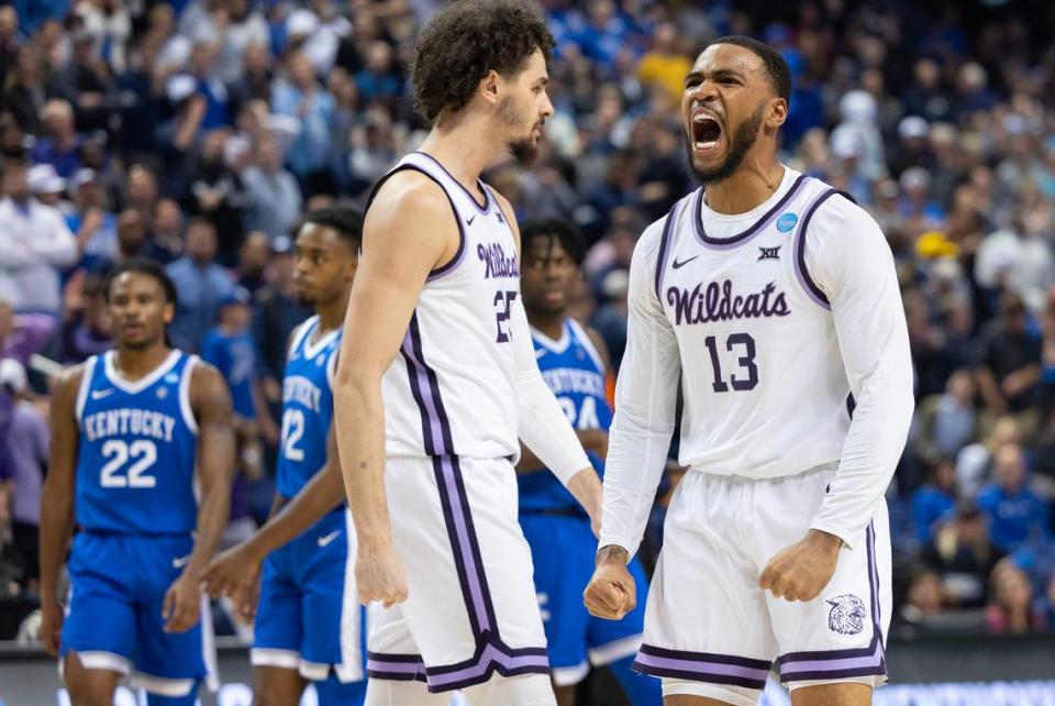 Kansas State’s Desi Sills, next to teammate Ismael Massoud, lets out a yell as his team rallies during the second half of their second round NCAA Tournament game in Greensboro, NC on Sunday.