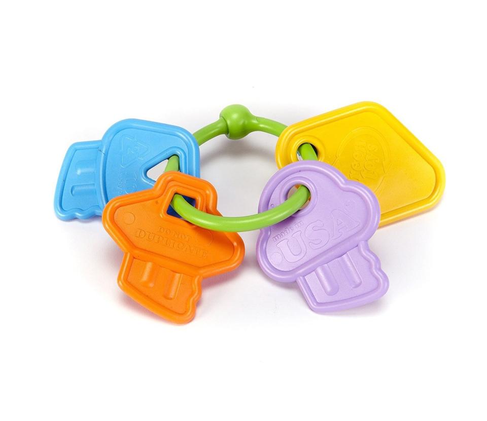 <strong><a href="https://www.amazon.com/Green-Toys/pages/2592987011" target="_blank">Green Toys</a></strong> are made in the USA entirely of recycle products without BPA and PVC, and are even packaged in 100 percent recyclable cardboard with no twist ties, wrappers or cellophane. Get the baby keys <a href="https://www.amazon.com/Green-Toys-First-Keys-Baby/dp/B00BN6QAYA" target="_blank">here</a>, $7.&nbsp;