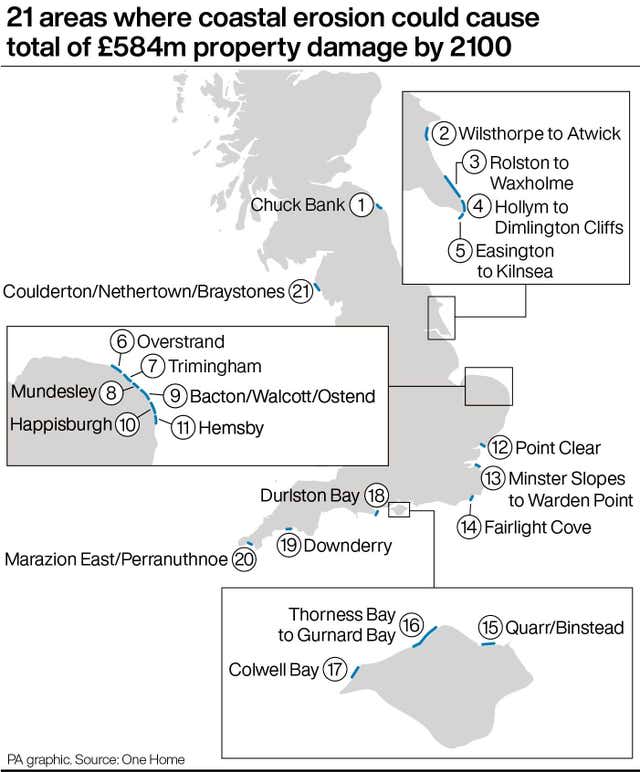 21 areas where coastal erosion could cause total of £584m property damage by 2100