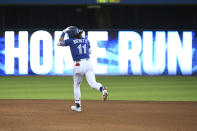 Toronto Blue Jays' Bo Bichette rounds the bases following his solo home run in the fifth inning of a baseball game against the Tampa Bay Rays in Toronto on Monday, Sept. 13, 2021. (Jon Blacker/The Canadian Press via AP)