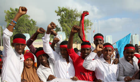 Protesters shout out slogans against Al-Shabaab militant group while demonstrating after last weekend's explosion in KM4 street in the Hodan district at the stadium Koonis in Mogadishu, Somalia October 18, 2017. REUTERS/Feisal Omar