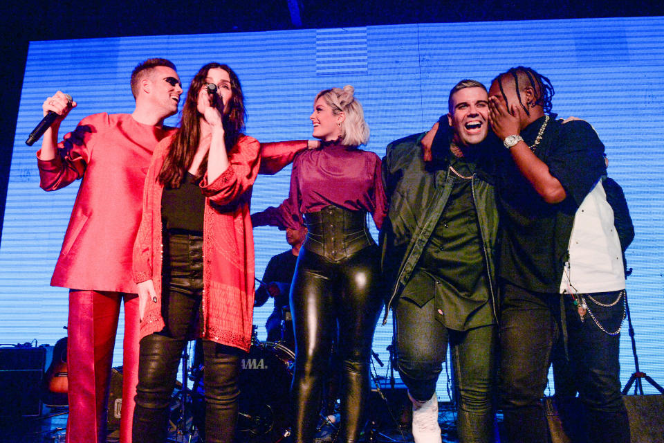 From left: Justin Tranter, Idina Menzel, Bebe Rexha, Jesse Saint John and Jozzy take the stage at BEYOND Spirit Day concert 2019. (Photo: Jerod Harris via Getty Images)