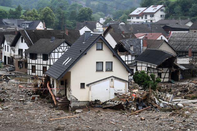Destroyed houses are seen after floods caused major damage in Schuld near Bad Neuenahr-Ahrweiler, western Germany, on July 16, 2021. - Devastating floods have torn through entire villages and killed at least 129 people in Europe, most of them in western Germany where stunned emergency services were still combing the wreckage on July 16, 2021. (Photo by Christof STACHE / AFP) (Photo by CHRISTOF STACHE/AFP via Getty Images) (Photo: CHRISTOF STACHE via Getty Images)