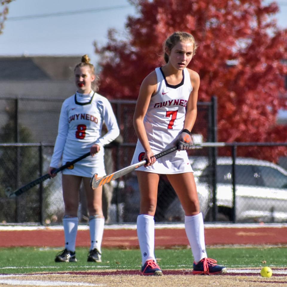 Gwynedd Mercy's Sydney Mandato (No. 7) and Serena Olden (No. 8) take the field against Twin Valley in the PIAA Class 2A field hockey championship in Whitehall on Saturday, Nov. 20, 2021. Twin Valley won, 3-2.