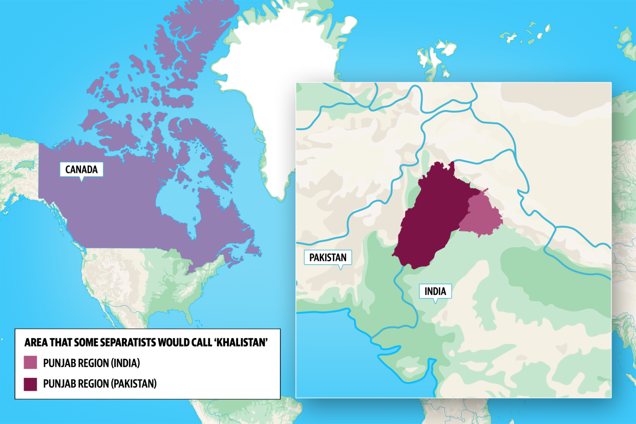 A map showing Canada, India and Pakistan, and where the 'Khalistan' region would be