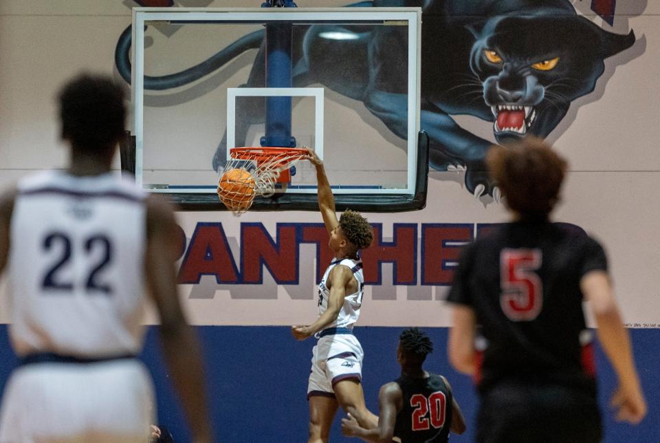 Dwyer's Blake Wilson dunks the ball against Southfork in the District 13-6A boys basketball tournament semifinals in Palm Beach Gardens, Florida on February 9, 2022.  Dwyer won 72-39.