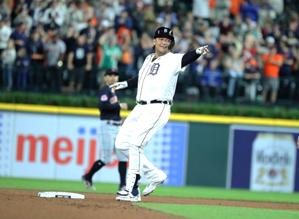Detroit Tigers designated hitter Miguel Cabrera (24) hits his second double of the game against Cleveland Guardians starter Cal Quantrill (47) during fifth-inning action at Comerica Park in Detroit on Friday, Sept. 29, 2023.