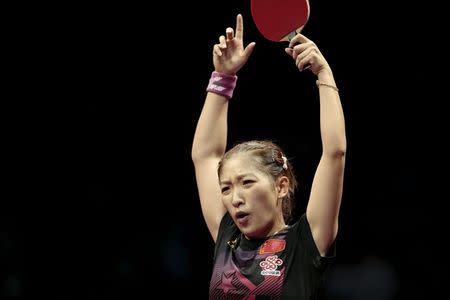 China's Liu Shiwen reacts after losing a point against compatriot Ding Ning in the women's singles final table tennis match at the World Table Tennis Championships in Suzhou, Jiangsu province, May 2, 2015. REUTERS/Aly Song