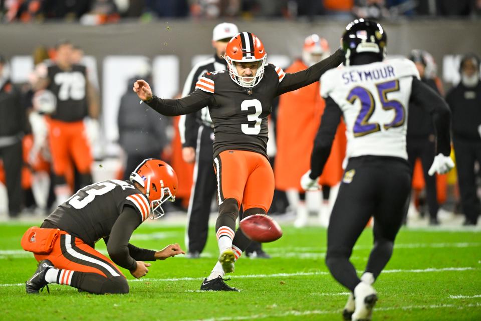 Cleveland Browns place kicker Cade York kicks a field goal during the first half of an NFL football game against the Baltimore Ravens, Saturday, Dec. 17, 2022, in Cleveland. (AP Photo/David Richard)