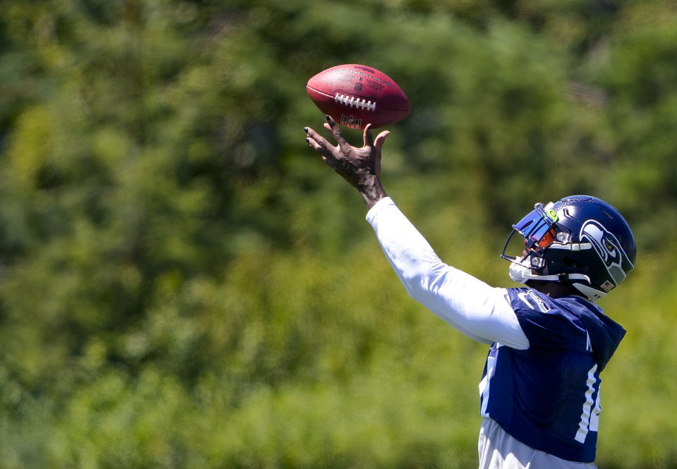 Seattle Seahawks wide receiver DK Metcalf makes a catch during the NFL football team's training camp Wednesday, July 26, 2023, in Renton, Wash. (AP Photo/Lindsey Wasson)