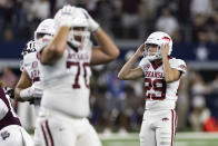 Arkansas place-kicker Cam Little (29) reacts after missing a field goal against Texas A&M in the final minutes of an NCAA college football game Saturday, Sept. 24, 2022, in Arlington, Texas. Texas A&M won 23-21. (AP Photo/Brandon Wade)