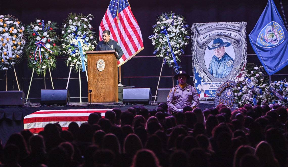 Selma Police Chief Rudy Alcaraz gives a eulogy for fallen officer Gonzalo Carrasco Jr. during his funeral service at Selland Arena on Thursday, Feb. 16, 2023.