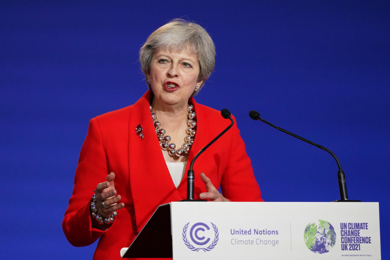 GLASGOW, SCOTLAND - NOVEMBER 06: Theresa May speaks as ministers, businesses and activists discuss rainforests on day seven of COP26 at SECC on November 06, 2021 in Glasgow, Scotland. Today COP26 will focus on ensuring the importance of nature and sustainable land use are part of global action on climate change and a clean, green recovery. The 2021 climate summit in Glasgow is the 26th 